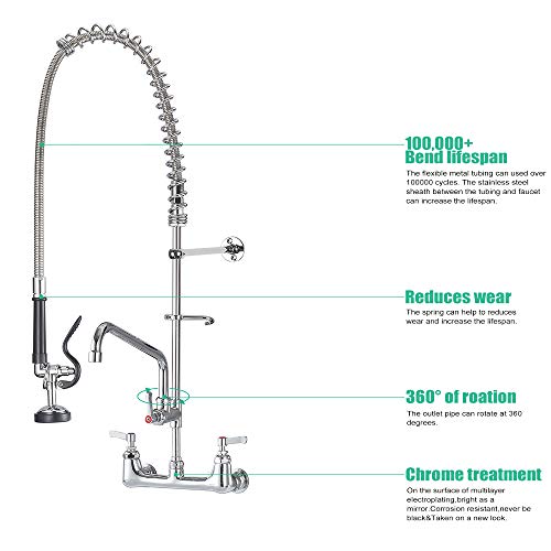 IMLEZON Commercial Faucet, Wall Mount Sink Faucet 8 Inch Center 47 Inch Commercial Kitchen Faucet with Pre-Rinse Sprayer and 12 Inch Swivel Spout