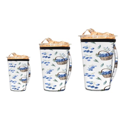 Ginfult Blueberry Lot de 3 manchons à café glacé en néoprène avec poignée pour boissons froides et chaudes, réutilisables et isothermes avec poignée de 473 à 946 ml