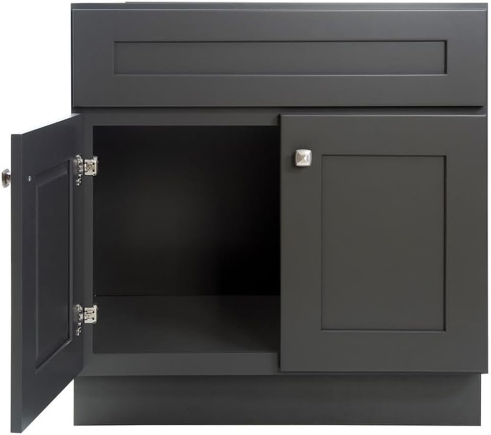 Pemberly Row Wood Bathroom Vanity Base, Urbane Bronze Finish, 30 in, Soft-Close Hinges, Modern Shaker Style, Solid Wood Construction, Unassembled, Fits 31 x 22 in Vanity Top, Ideal for Bathroom