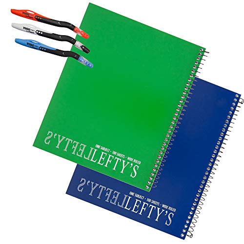 2 Lefty and Mirrored Lefty Left Handed Wide Ruled Notebooks Plus 3 Left-handed Visio Pens, Assorted Colors