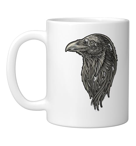 Raven Line Art Bird Head, Detailed Crow Raven Sketch For Av Ceramic Mug, White