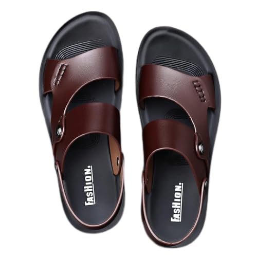 Men Shoes Vintage Real Leather Non-Slip Beach Slip-On Sandals Travel Flip Flop Slippers Black(D,39)