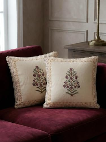 Image of Kusum Hand Block Print Cushion Covers | 100% Cotton Fabric | Decorative Throw Pillow Covers for Sofa, Bed & Living Room | Soft & Durable Jaipuri Cushion Cover | Size - 16 x 16 Inches | Set of 2