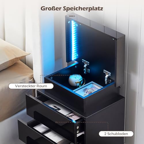 TUKAILAI 2X Nachttisch mit RGB Led Licht 2 Schubladen Nachtschrank Holz Beistelltisch Organizer Einheit Nachtkonsole Nachtkommode für Schlafzimmer Wohnzimmer Schwarz