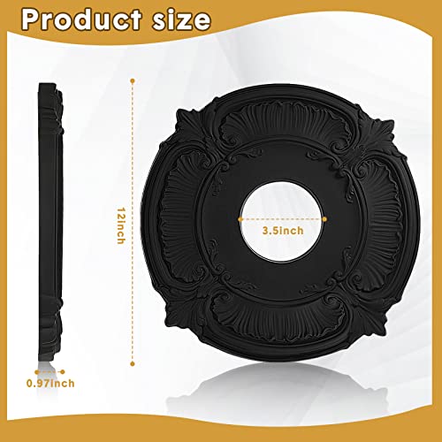 Image of 2 Pieces PU Ceiling Medallion Decorative Ceiling Fan Medallion Round Home Lighting for Light Fixtures Chandeliers, 12 inchod x 3.5 inchID(Black)