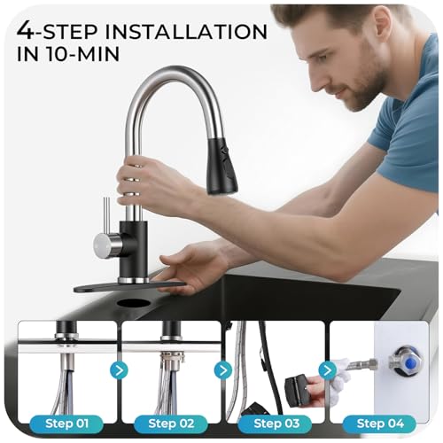 Image of Kitchen Faucet with Pull Down Sprayer - Black & Nickel Single Handle Kitchen Faucets, High Arc Stainless Steel Pull Out Kitchen Sink Faucet with Deck for RV Laundry Farmhouse Bar