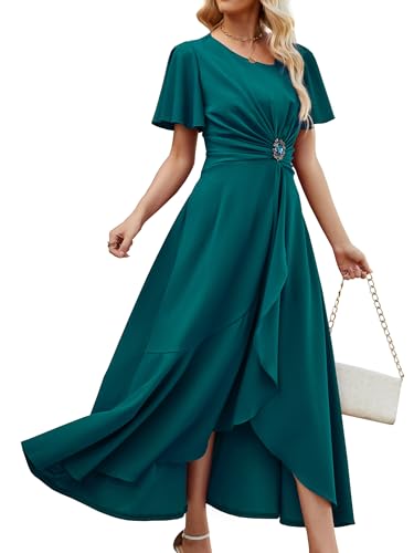 Image of QMZ Wedding Guest Dresses for Women V Neck Cocktail Dress Ruffle Sleeve A Line Evening Party Formal Dresses for Women