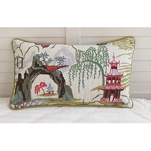 Neo Toile Pagodas in Coral Designer Lumbar Pillow Cover Chinoiserie Pillows Asian Inspired Cushion Cover Rustic Decortaive Pillowcase with Zipper Home decor 12x20 Cover
