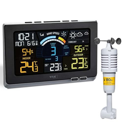 TFA Dostmann Station météo sans fil Spring Breeze, 35.1140.01, avec anémomètre, pression atmosphérique, avec écran couleur, prévisions météo avec limites d'alarme/symboles, noir