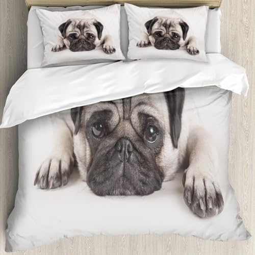 Housse de couette chiot carlin microfibre anti-plis grand lit