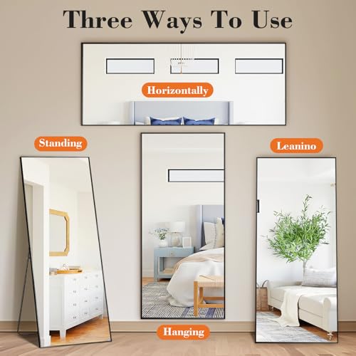 DUMOS Full Length Mirror with Stand 64"x21" Floor Standing Aluminum Frame for Bedroom Body Hanging Leaning Modern Simple Home Decor Shatter-proorf Nano Glass for Wall Living Room Cloakroom Black