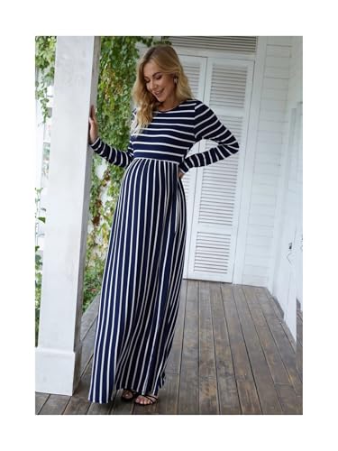 BDXMKS Ropa Premama Embarazada Ropa for Embarazadas, Vestido de Maternidad, Primavera otoño, Rayas, Cuello Redondo, Manga Larga, Elegante, Falda Larga, Ropa Informal for mamá.(S)