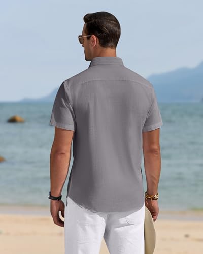 Image of J.VER Mens Linen Shirt Short Sleeve Button Down Casual Summer Shirts | Cotton Linen, Untucked, Big Tall, from Beach Camp Vacation, Cruise Fishing, Work Office, to Wedding Party Family, with Pocket