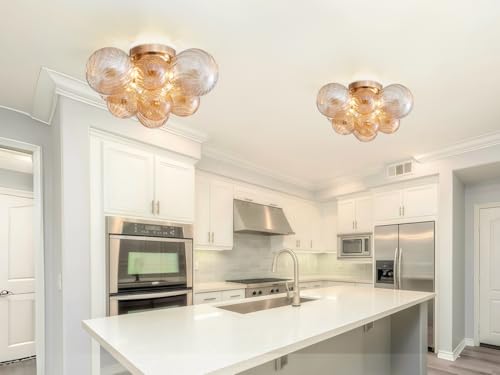 AGV LIGHTING Modern Bubble Glass Flush Mount Ceiling Light Fixture, Gold 4-Light Ceiling Chandelier with Amber Textured Glass Globe Shades, 18” Living Room Bedroom Dining Room Lighting by AGV LIGHTING - Image 5