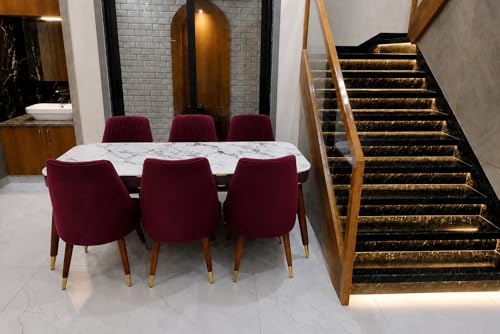 Image of WOODEN SPACE 6-Seater Wooden Dining Table Set | Nano Composite Marble Top | Solid Wood Base | Modern Dining Room Furniture with 6 Chairs (Maroon Frontline)