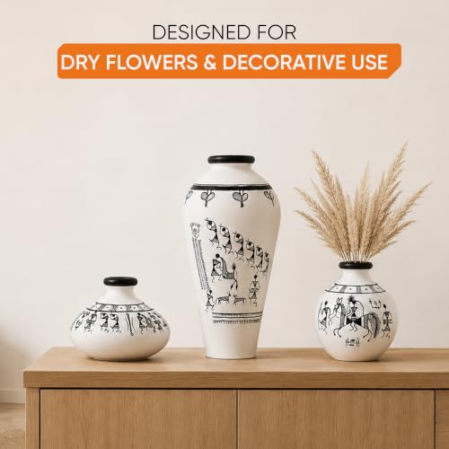Image of Aakriti Art Creations Tribal Tales Terracotta Vase Set of 3 | Hand-Painted Warli Art White Flower Vases | Matte Finish Decorative Vases for Living Room, Table Decor & Gifting