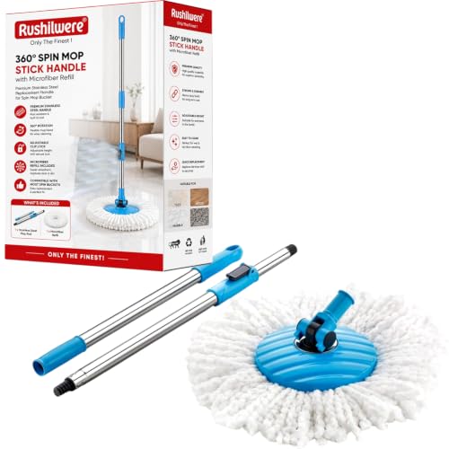 Image of Rushilwere 360 Spin Mop Stick Handle with Microfiber Refill for Bucket Mop | Stainless Steel Rotating Mop Rod Replacement Compatible with Most Spin Buckets | Blue