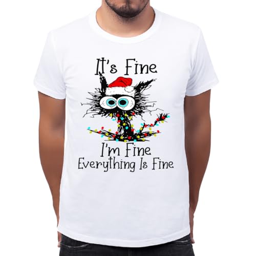 Its Fine I'm Fine Everything Is Fine Cat Christmas Lights Camiseta Clásica con Cuello Redondo para Hombre 3X-Large