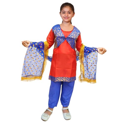 Image of Kaku Fancy Dresses Punjabi Girl Ethnic Costume for Kids - Red & Blue Salwar Suit Dress with Dupatta | Indian State Fancy Dress for Girls (10-12 Years)