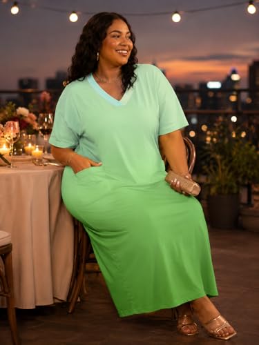Image of SUZONANA Women Casual T-Shirt Dress V Neck Short Sleeve Solid Color Oversize Dress with Front Two Pockets
