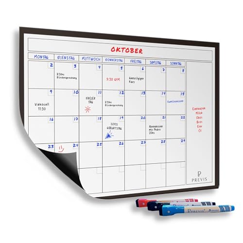PREVIS Whiteboard Kalender A3 (40x30CM) mit 3 Löschbaren Markern - Magnet kalender - Kühlschrank Kalender - Monatsplaner Magnetisch - Magnet Kalender Kühlschrank - Monthly Planner