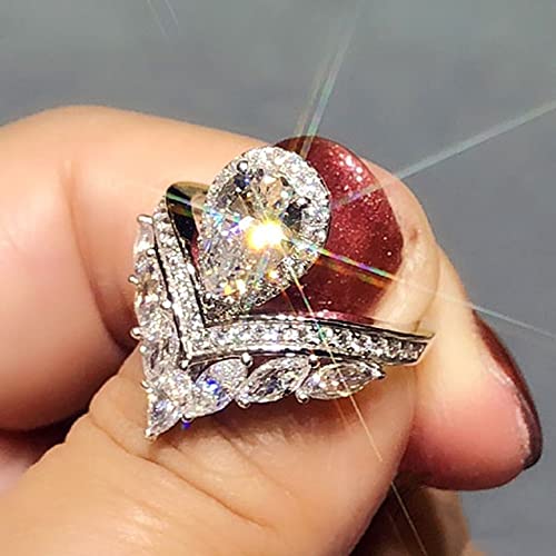 925 Sterling Silver Shiny Full Diamond Pear Marquise Cut Cubic Zirconia Rings Teardrop Crown Ring CZ Diamond Eternity Engagement Wedding Band Ring for Women F133 (US Size 6)2