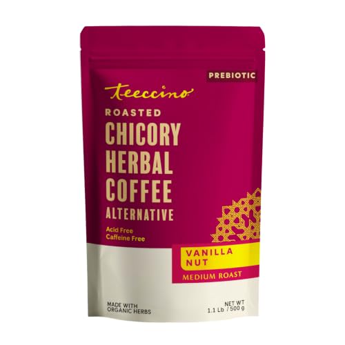 Teeccino Vanilla Nut Chicory Coffee Alternative, 1.1 Pound - Ground Herbal Coffee That’s Prebiotic, Caffeine Free & Acid Free, Medium Roast