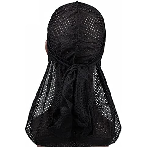 Ruluti Long Tail Waves Cap Satin Durag Breathable Mesh Durag Bandanas Wide Straps Pirate Hair Loss Chemo Cap for Men Women Black, 6 7/8-7 1/8 Cover
