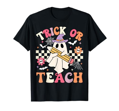 Fantasma floral retro Trick Or Teach Groovy Teacher para Halloween t-shirt, Preto, S