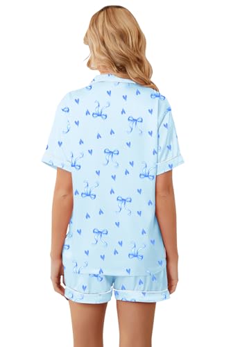 Image of Umeyda Women & Girls Pajamas Set, Soft Satin Lightweight Silk Button-Down Top with Shorts 2 Piece PJS for Mom Boys Kids Gifts