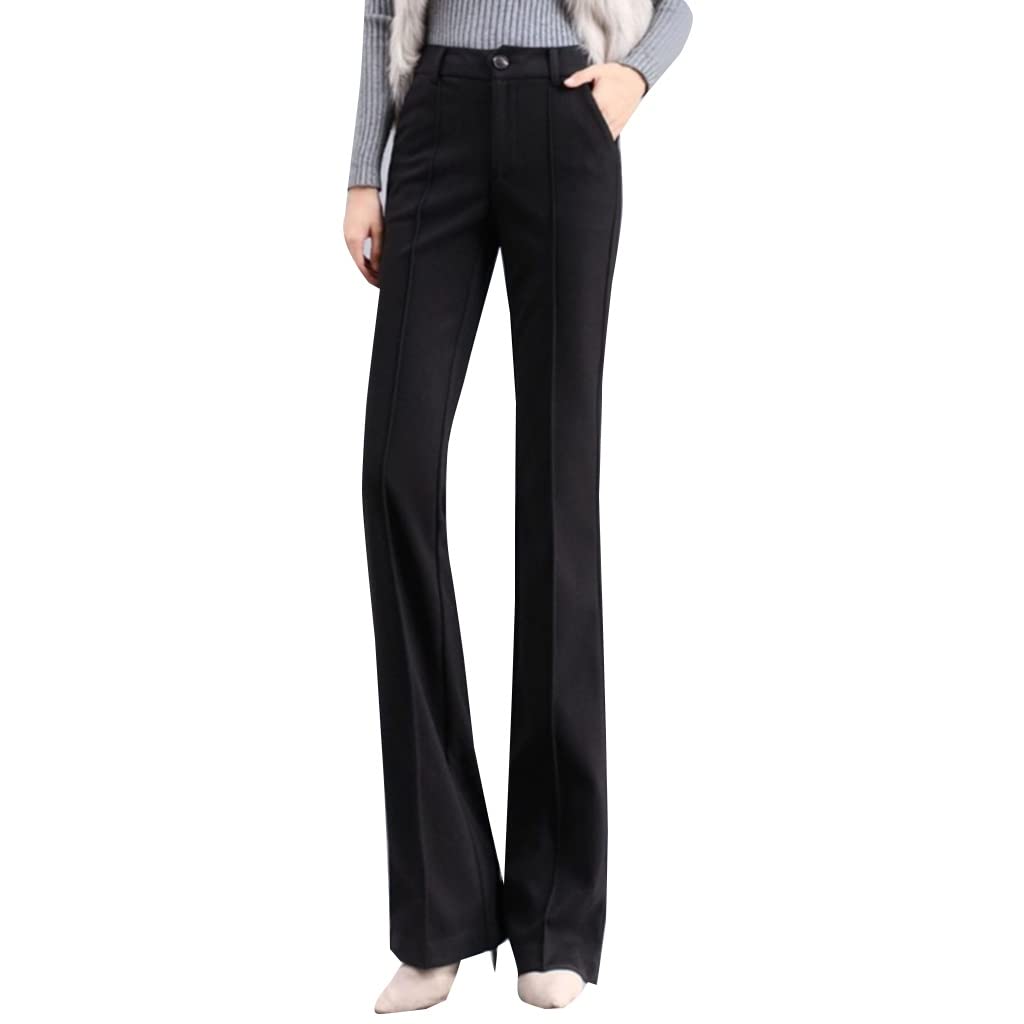 Womens Solid Colours Flare Pants with Pockets High Waisted Casual Slimming Trousers Flared Work Dress Pants Color Black