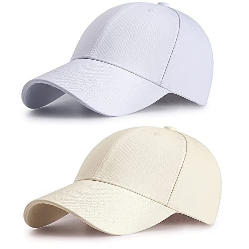 Ritte 2 Stücke Schirmmütze, Verstellbare Baseballmütze, Einfarbige Baseballkappe, Unisex-Baseballmütze aus Baumwolle, für den Außenbereich (Weiß, Beige)