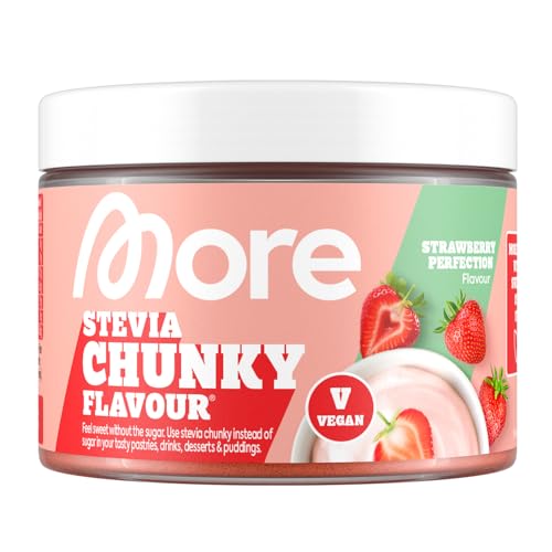 MORE Stevia Chunky Flavour, Strawberry Perfection, 150 g, vegan, Geschmackspulver zum Süßen, ohne viel Zucker und Kalorien, mit Inulin und Laktase - made in Germany