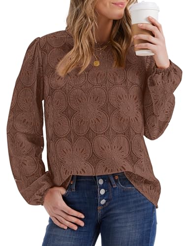 Image of OFEEFAN Blouses for Women Dressy Casual Spring Tops 2026 Summer Outfits Flower Lace Crochet Long Sleeve Shirts