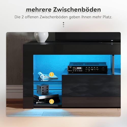 SONNI Lowboard Schwarz, TV Board Hochglanz, mit LED Beleuchtung, 12 Farben können eingestellt Werden, mit Klapptür, Glasregal, Griffloses Design, TV-Schrank, Fernsehtisch, TV-Regal, 140x35x50,5cm