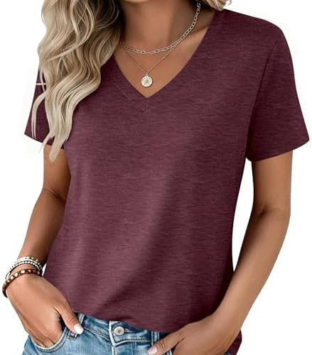 Zeagoo Women's Short Sleeve V-Neck T-Shirt — Z-dark Red