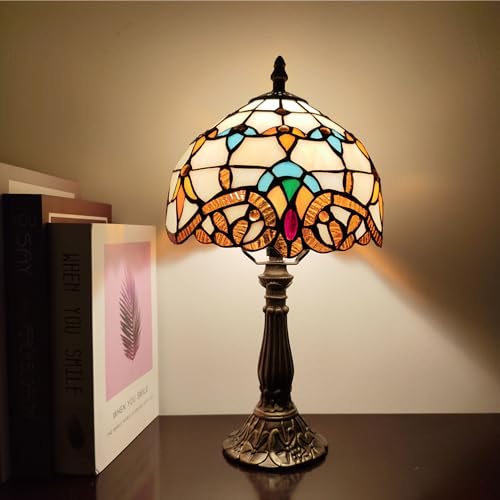 Image of Small Tiffany Table Lamp 8 Inch Tiffany Style Desk Lamp Stained Glass Antique Light Decoration Bedroom Bedside Lamp Retro Reading Lamps (Beige Baroque Style)