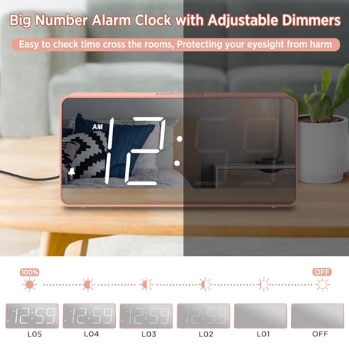 Image of Peakeep Digital Clock, Alarm Clock Battery Backup Powered for Bedrooms - Mirror Face Large Numbers 6 Dimmers for Seniors, Super Loud for Heavy Sleepers (Pink)