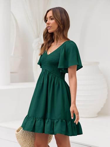 Image of LILLUSORY Women's Flowy Casual Mini Dresses 2026 Summer Graduation Smocked V Neck Vacation Dress Dress with Pockets
