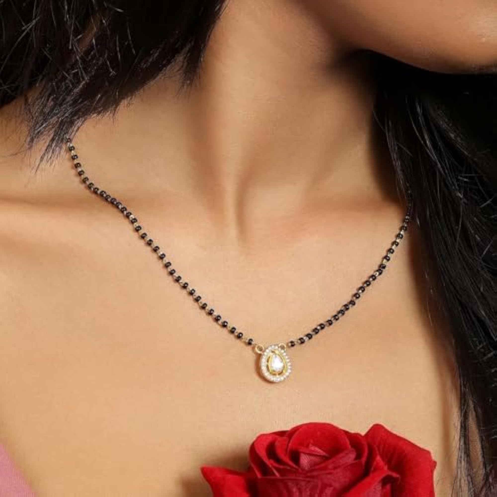 Women's Gold Plated Drop Shaped AD Silver Mangalsutra, Gift for Her