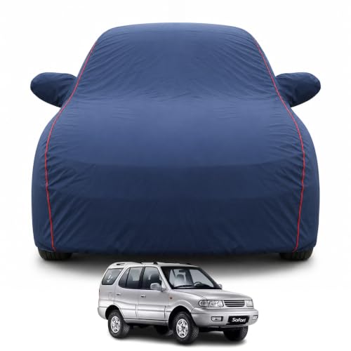 Image of Premium Car Cover for Tata Safari (1998-2004) Models | 100% Waterproof, UV & Dust Protection | Mirror & Antenna Pocket | Triple Stitched, Soft Inner Lining, Belt & Buckle (Navy Blue)