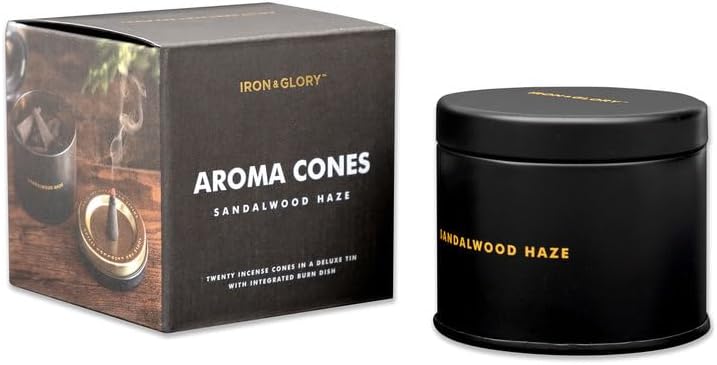 Iron & Glory Incense Cones & Incense Cone Holder - Sandalwood Aroma Cone - Mens Bedroom Accessories - Luxury Alternative to Sticks - Home Fragrance - Room Accessories for Men - Relaxation Gifts
