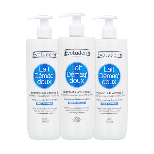 EVOLUDERM - Lait Démaq' Doux Hydratant - 500 ml - Ingrédients d'Origine Naturelle - Végan - Fabrication Française - Lot de 3 x 500 ml