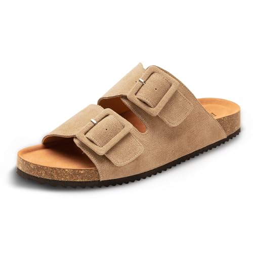 Summer Cork Footbed Slide sandals for women, Flat Sandals with Arch support,100% Genuine Leather
