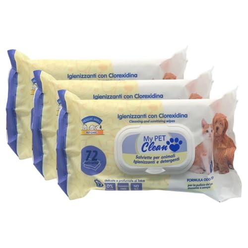 Salviette Igienizzanti e Detergenti per Animali, Delicate e Profumate al Talco, per la Pulizia del Pelo, Musetto e Zampe, Confezione da 72 Salviettine (Salviette (3 Unità))