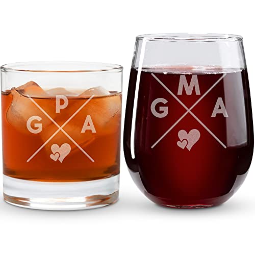 On The Rox Drinks Grandma and Grandpa Gifts - 17oz,11oz “GPA” “GMA” Wine and Whiskey Sippy Cup Set of 2- Fun Giftable Glasses for First-Time Grandmothers, Grandfathers, New Grandparents