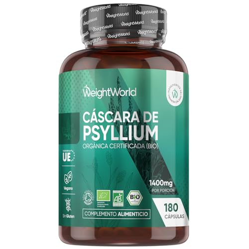 Cáscara de Psyllium Husk 1400 mg - 180 Cápsulas de Pisilio Orgánico Puro - Fibra de Plantago Ovata, Vegano, Sin Gluten, Sin Lactosa y Keto para 3 Meses de Suministro