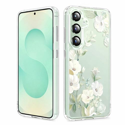 Image of Elzzi Clear Transparent Cover for Samsung S25 Fe 5G Case Shockproof Case Floral Design Full Camera Protection Shockproof PC Covers Transparent Flower Cover for Girls & Women (Green)