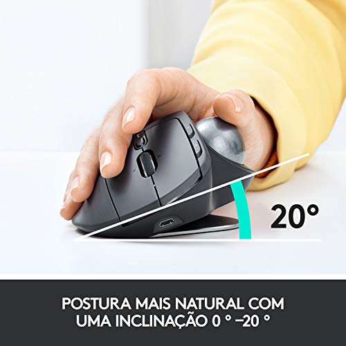 Mouse sem fio Logitech Trackball MX Ergo com Ajuste de Ângulo, Conexão USB Unifying ou Bluetooth com Easy-Switch para até 3 dispositivos e Bateria Recarregável glide