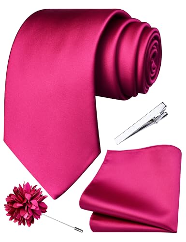 Branduce Fuchsia Pink Tie for Men Wedding Solid Satin Silk Blend Necktie Pocket Square Tie Clip and Lapel Pin Brooch Set (TA14-03)